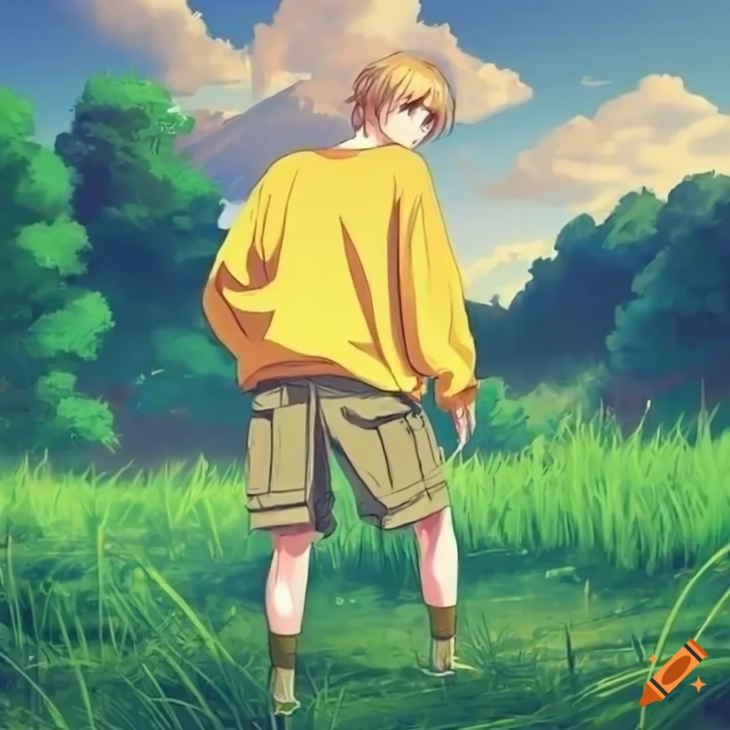 Young anime man in yellow sweatshirt and cargo shorts dreaming in a grass field