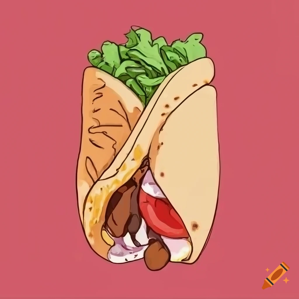 Tasty gyros meat in pita with sauces and vegetables in a simple color style