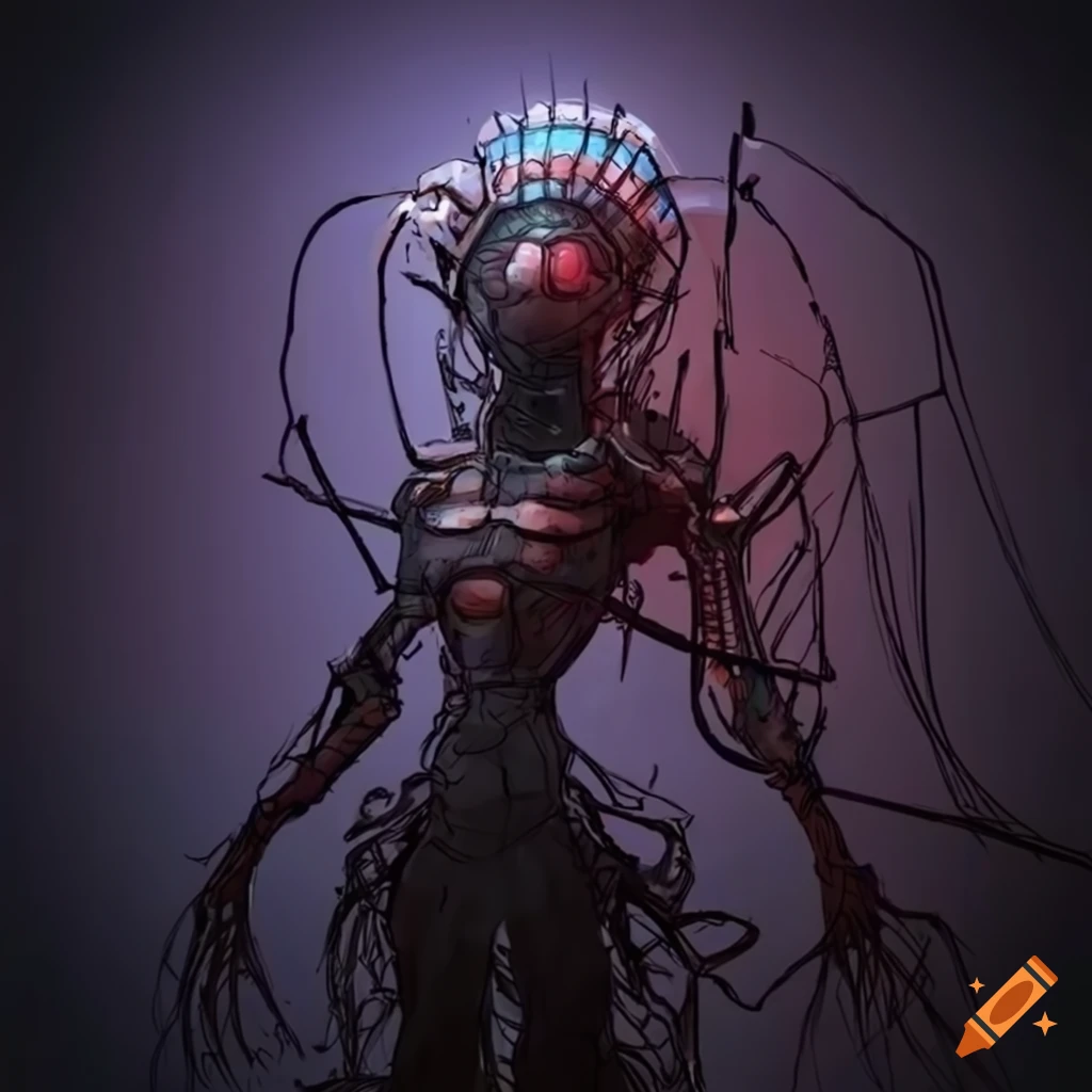 Imposing nightmare cyberpunk machine with arm wires and insectoid features