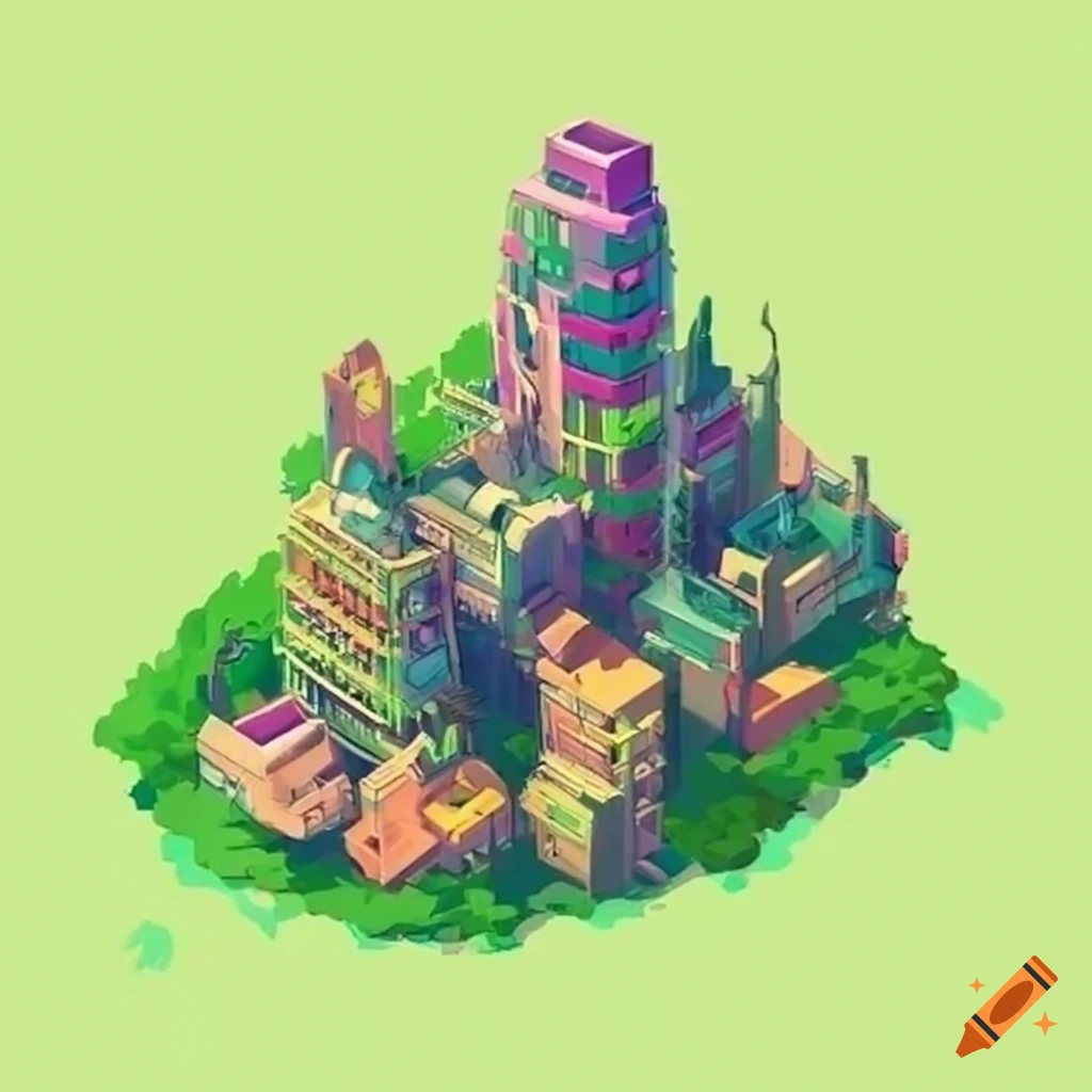 Isometric sci-fi skyscrapers with vegetation in Studio Ghibli style