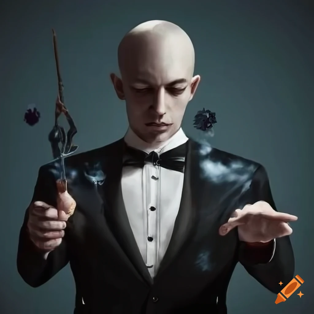 Man in tuxedo performing spiritual ritual with divination rods