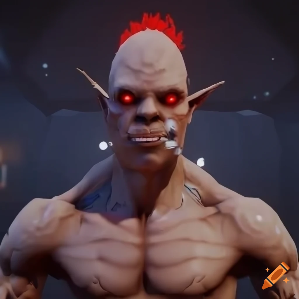 Sci-fi cybernetic muscle golem elf ogre man with red hair and glowing crystals