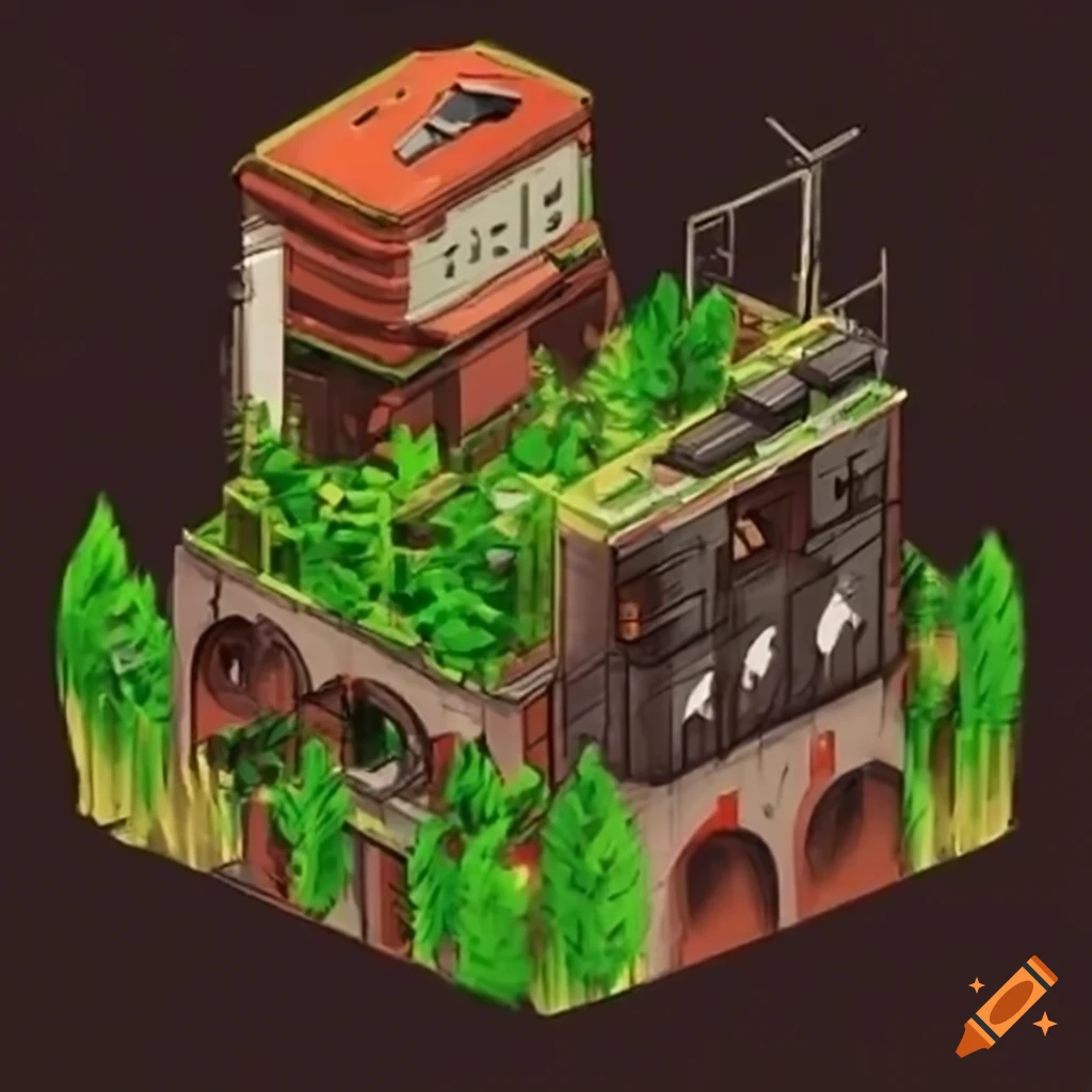 Isometric sci-fi skyscrapers with vegetation in Studio Ghibli style