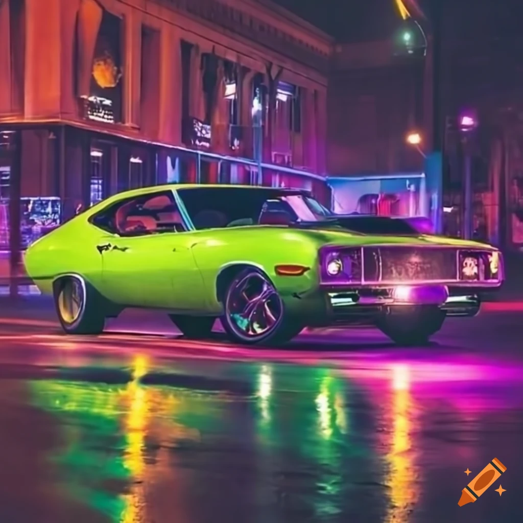 Vibrant Los Angeles night scene with a green 1970s muscle car