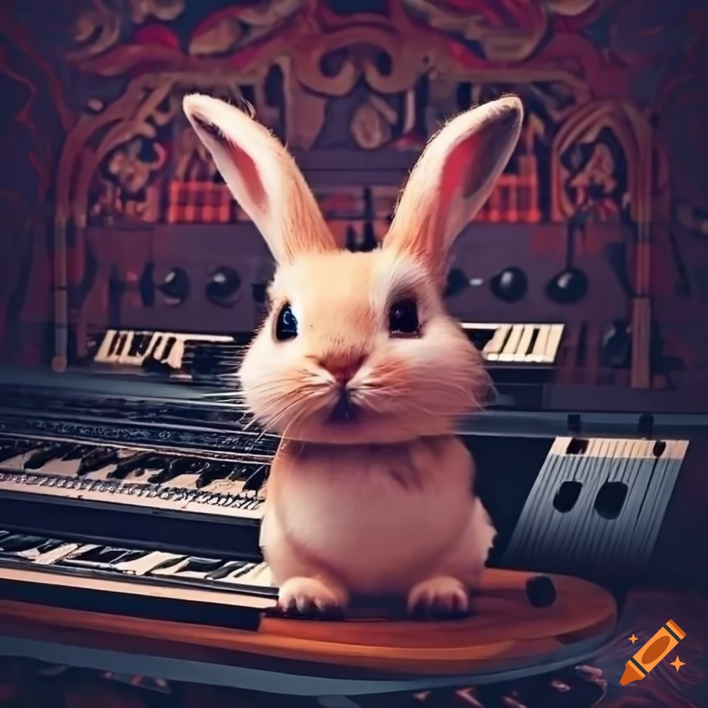 Adorable bunny in a music studio surrounded by music notes