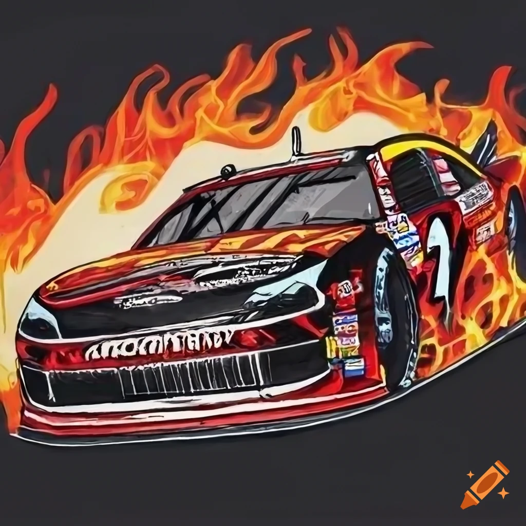 Modern Nascar race car with wheels on fire in detailed pen and ink style