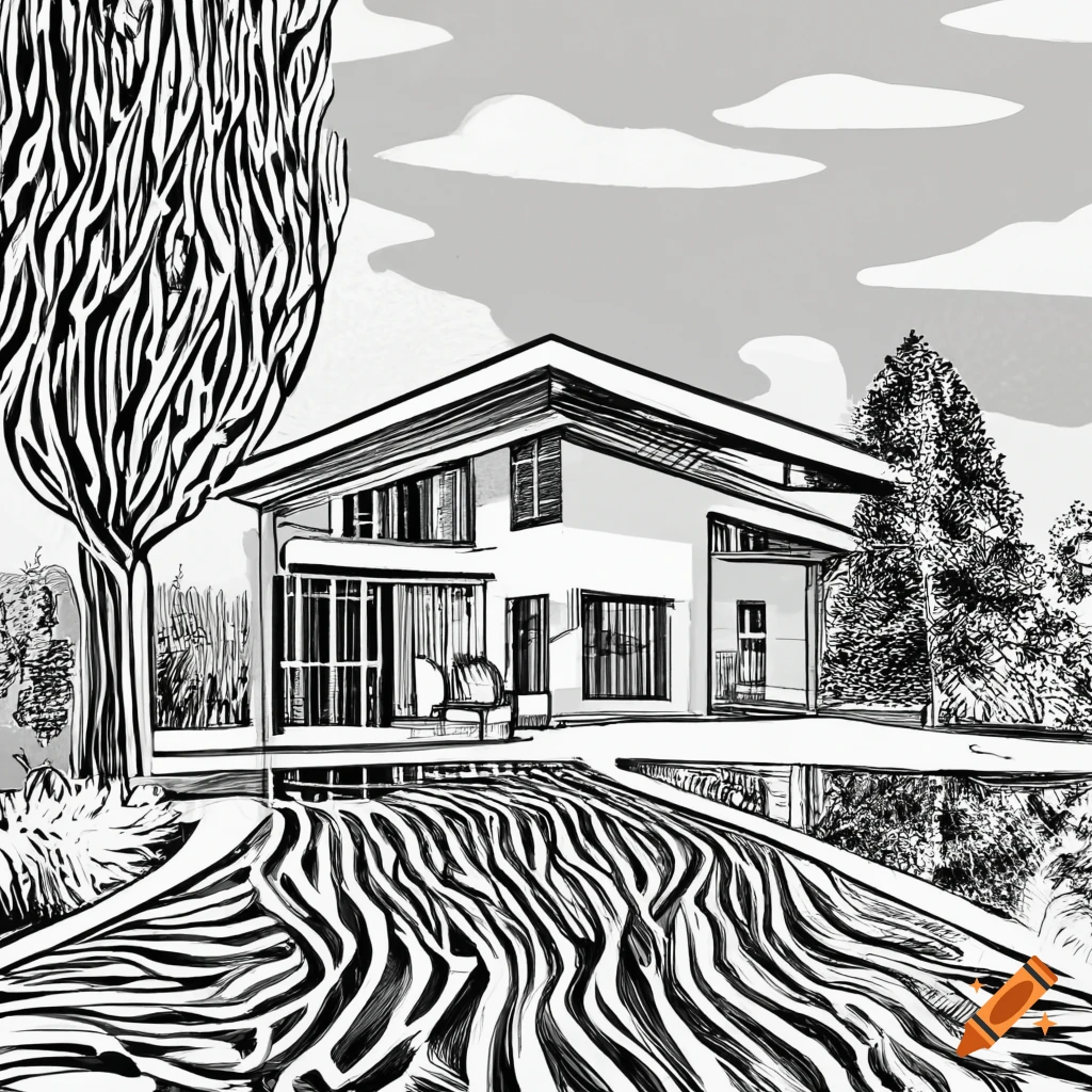 Architectural line drawing of a modern house with landscape features