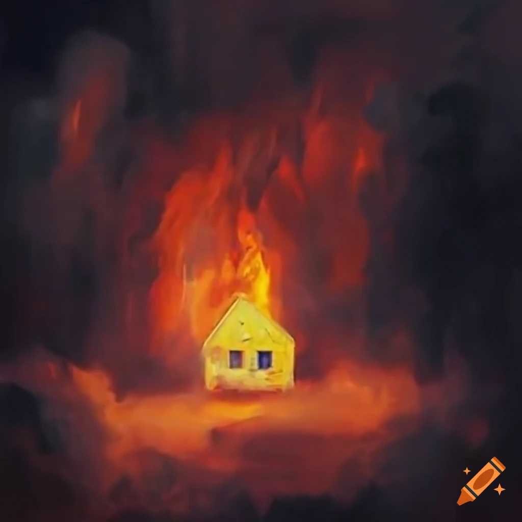 Surrealist painting of a burning house in stormy clouds with VHS filter