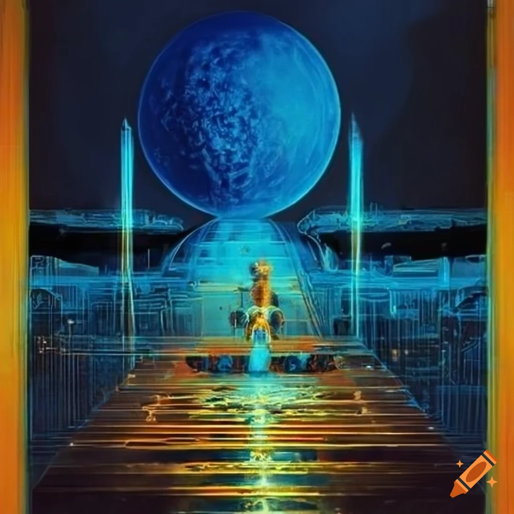 Golden 70s sci-fi machine glowing blue