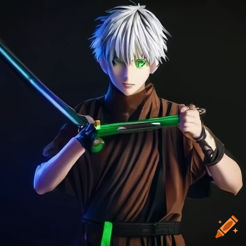 Anime character with white hair and green eyes holding a green katana