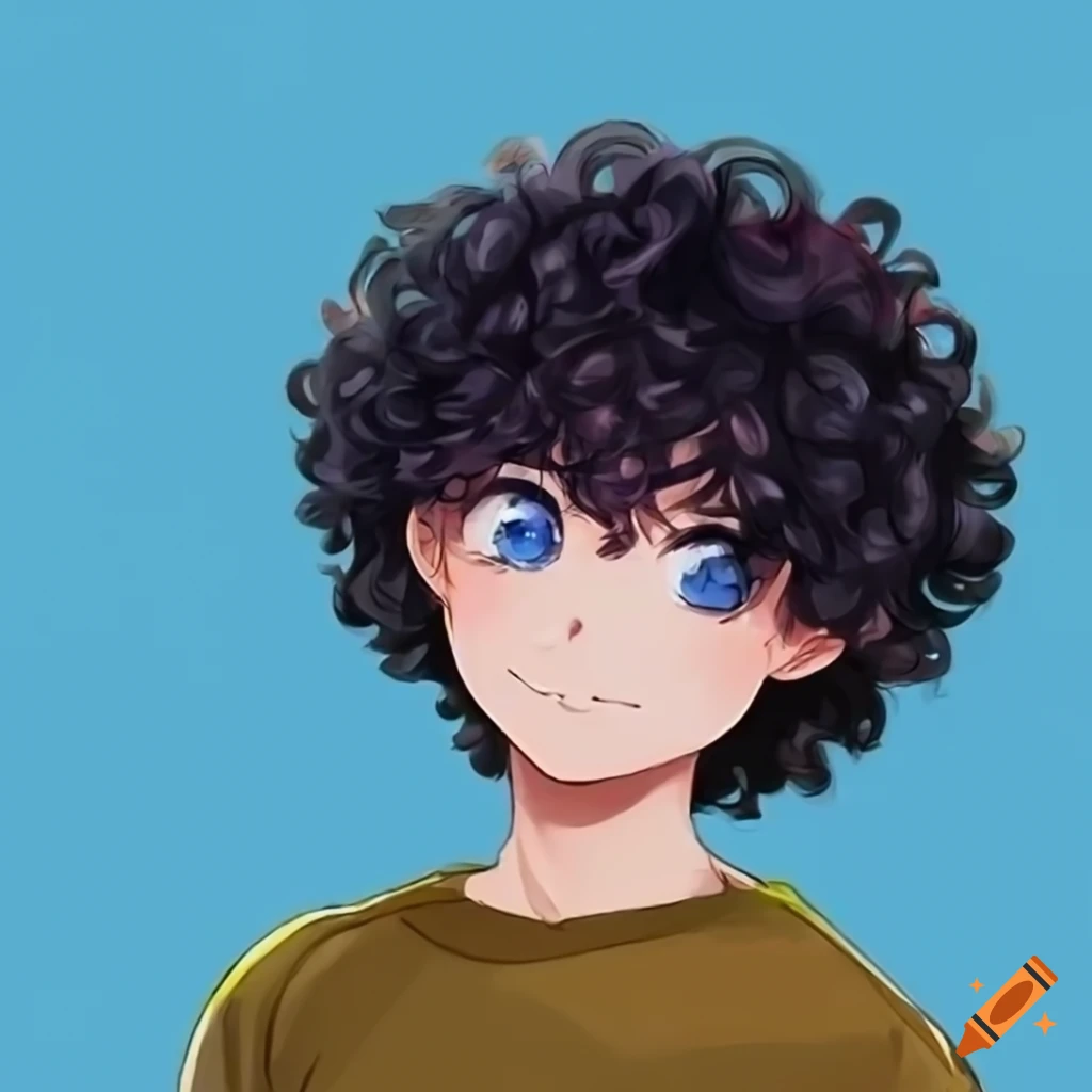 Anime man with curly hair, blue eyes, aesthetic smile, yellow tshirt, and cargo shorts