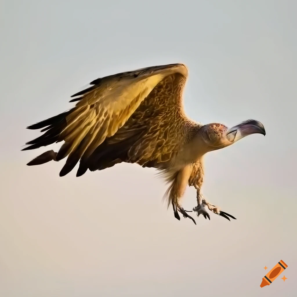 Striking vulture in yellow and green soaring against white background