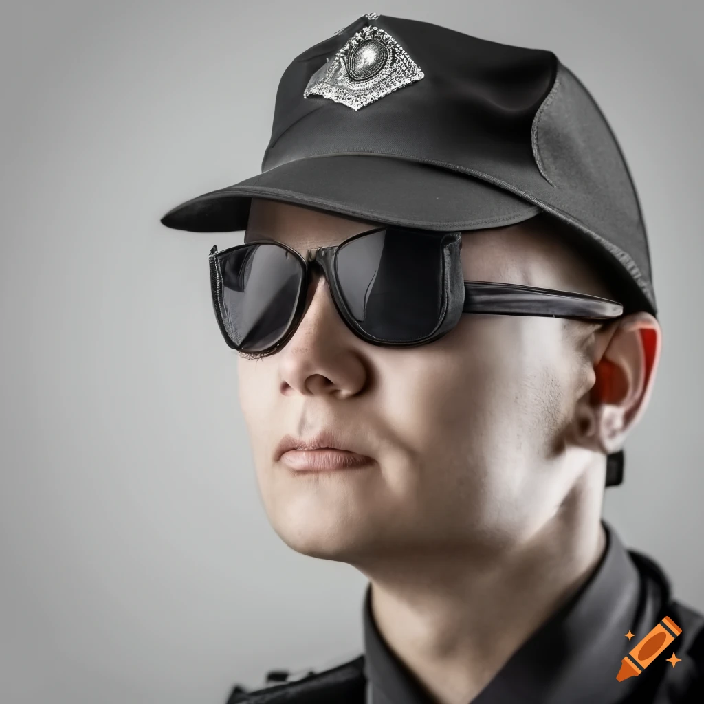 Brown-haired security guard in black uniform and hat on white background