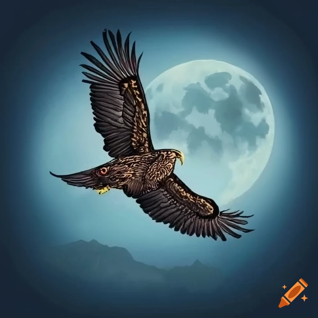 Werewolf myth-inspired illustration of a hawk flying over misty moonlit clouds