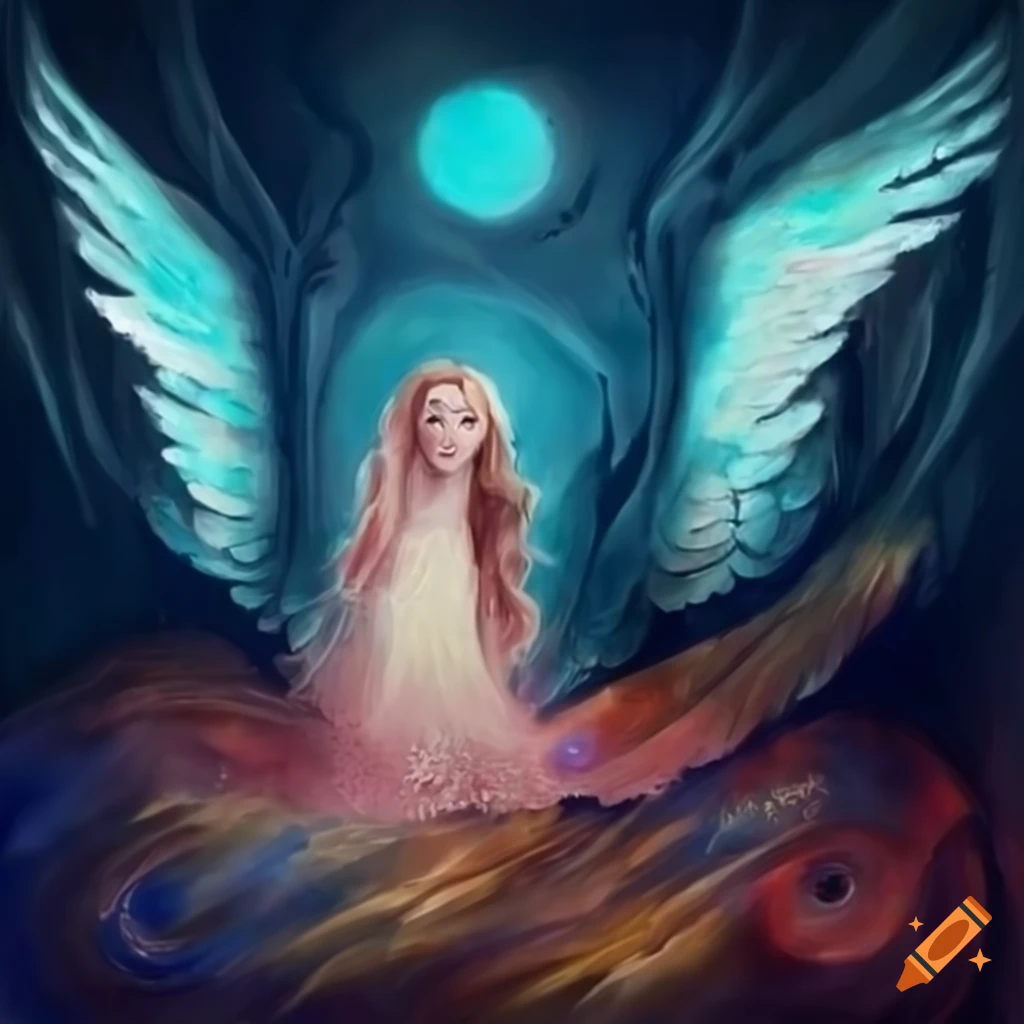 Magical winged spirit and wizard in a mystical painting
