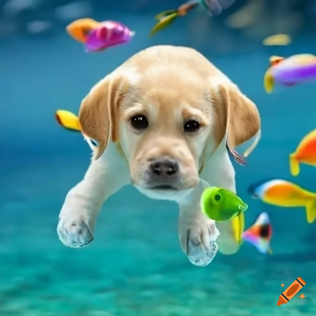 Yellow lab puppy swimming with colorful fish in the ocean on Craiyon