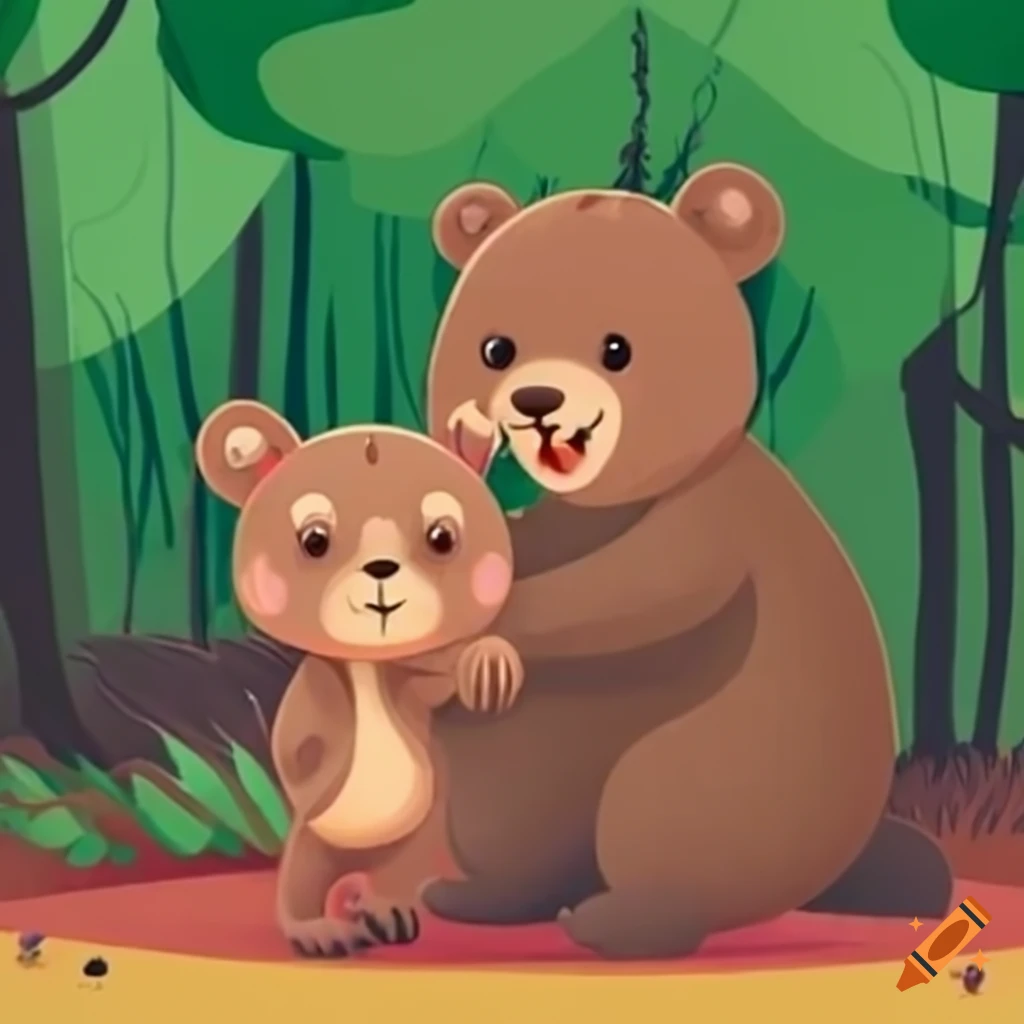 Happy female bear cub walking with bear mom in the forest on Craiyon