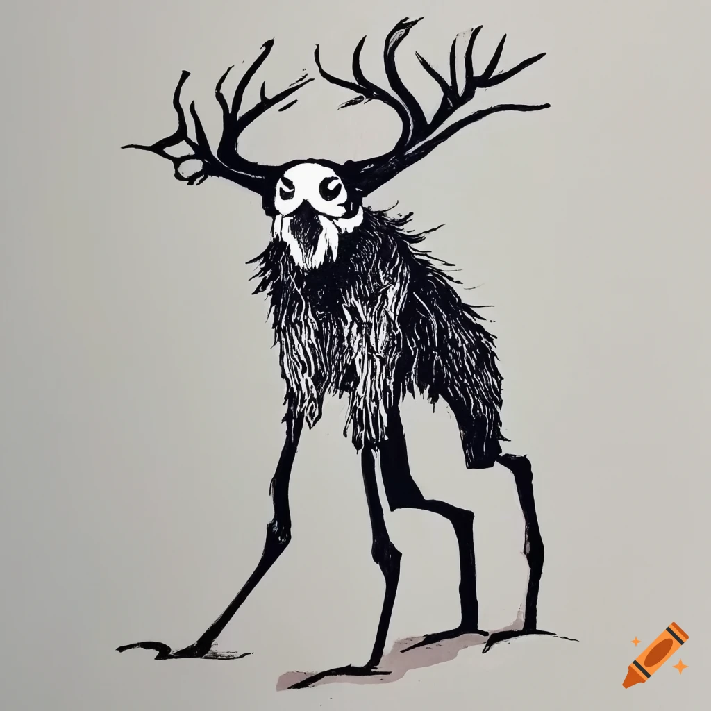 Minimalist black and white linocut print of a wendigo