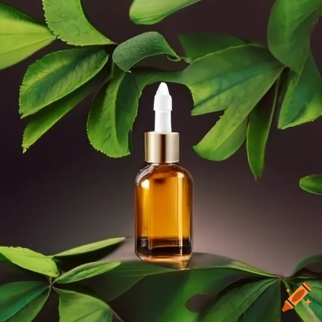 Hyaluronic Acid serum bottle with dropper among green leaves