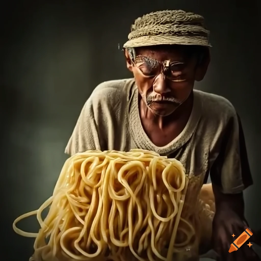 Person surrounded by many noodles