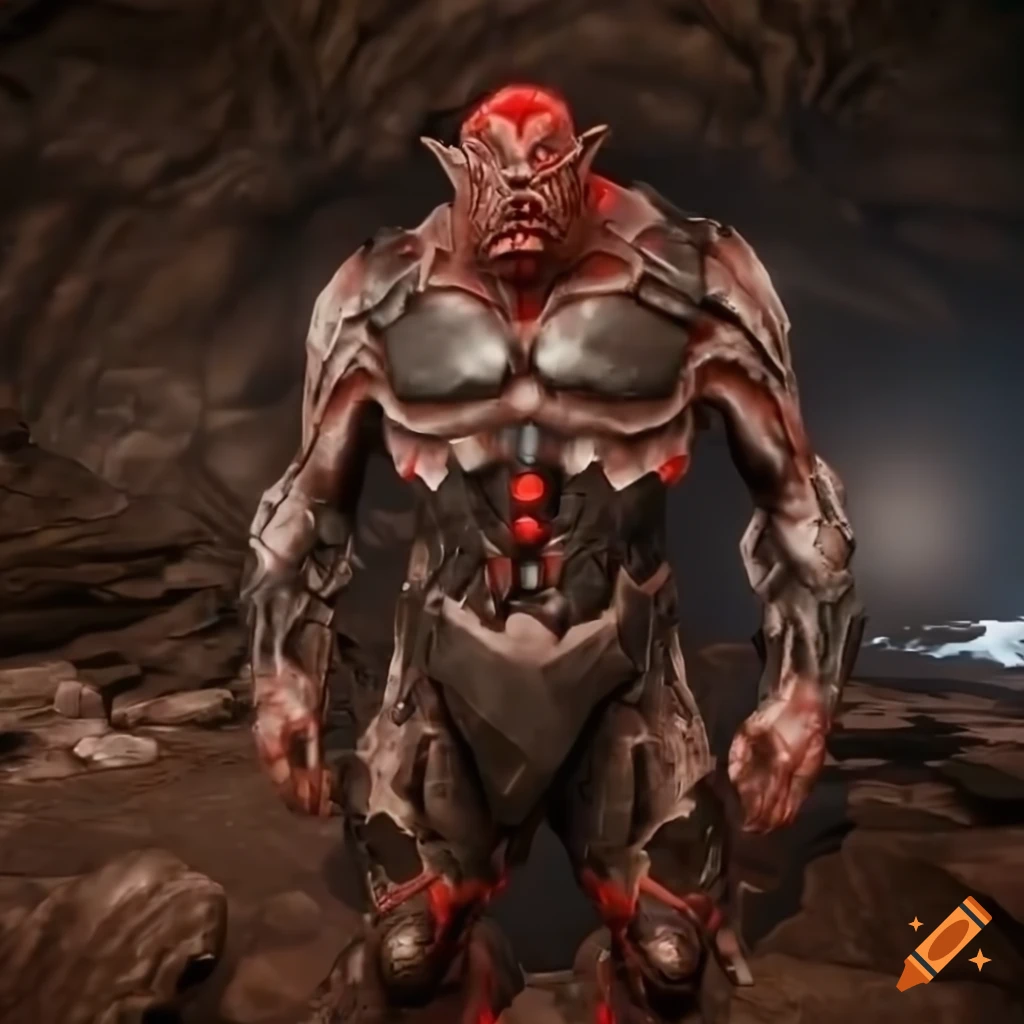 Red-haired sci-fi cybernetic muscle golem elf ogre man with black-rocky cybernetic armor and glowing-red crystals in a cave