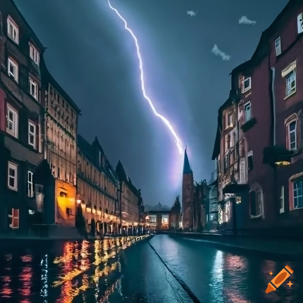 Dark and stormy night in a small town: Image of a small town at night illuminated by streetlights. Dark clouds and rain, possibly lightning in the sky. Empty streets