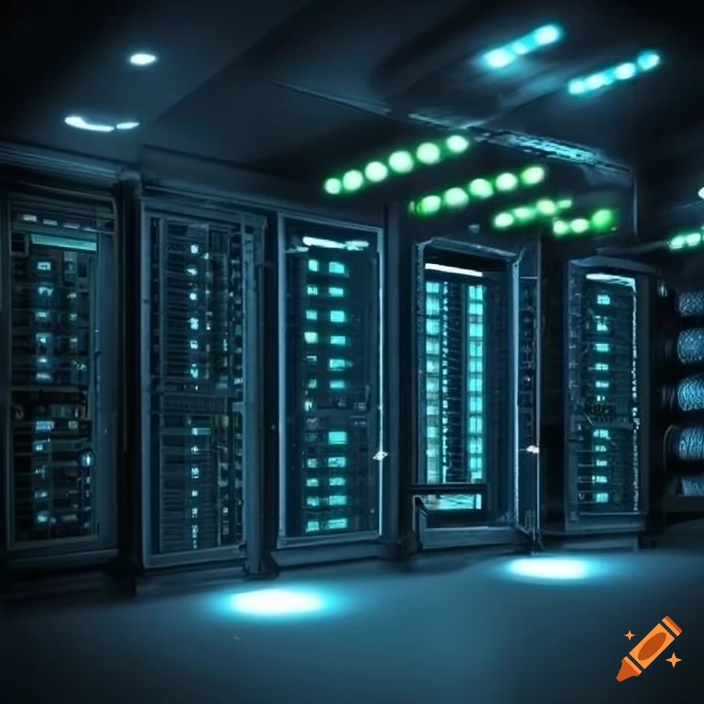 Glowing lights in a dark server room