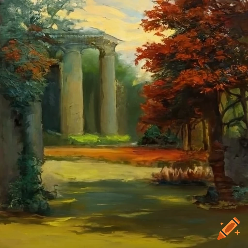 Chateau gardens depicted in an antique oil painting