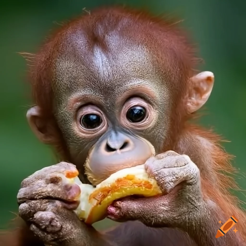 Baby orangutan monkey with a donut pastry