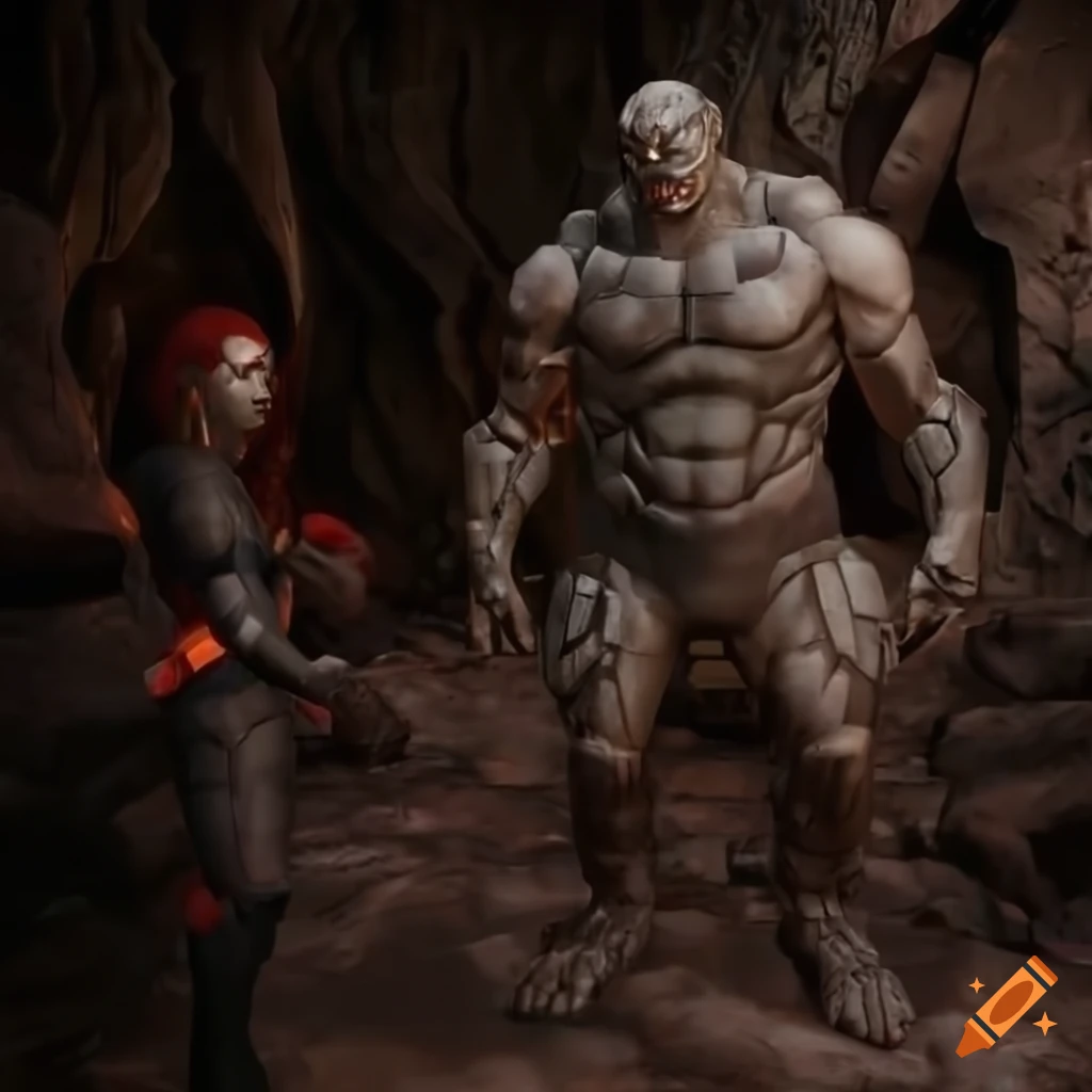 Sci-fi cybernetic muscle golem with red hair and armor in a cave setting