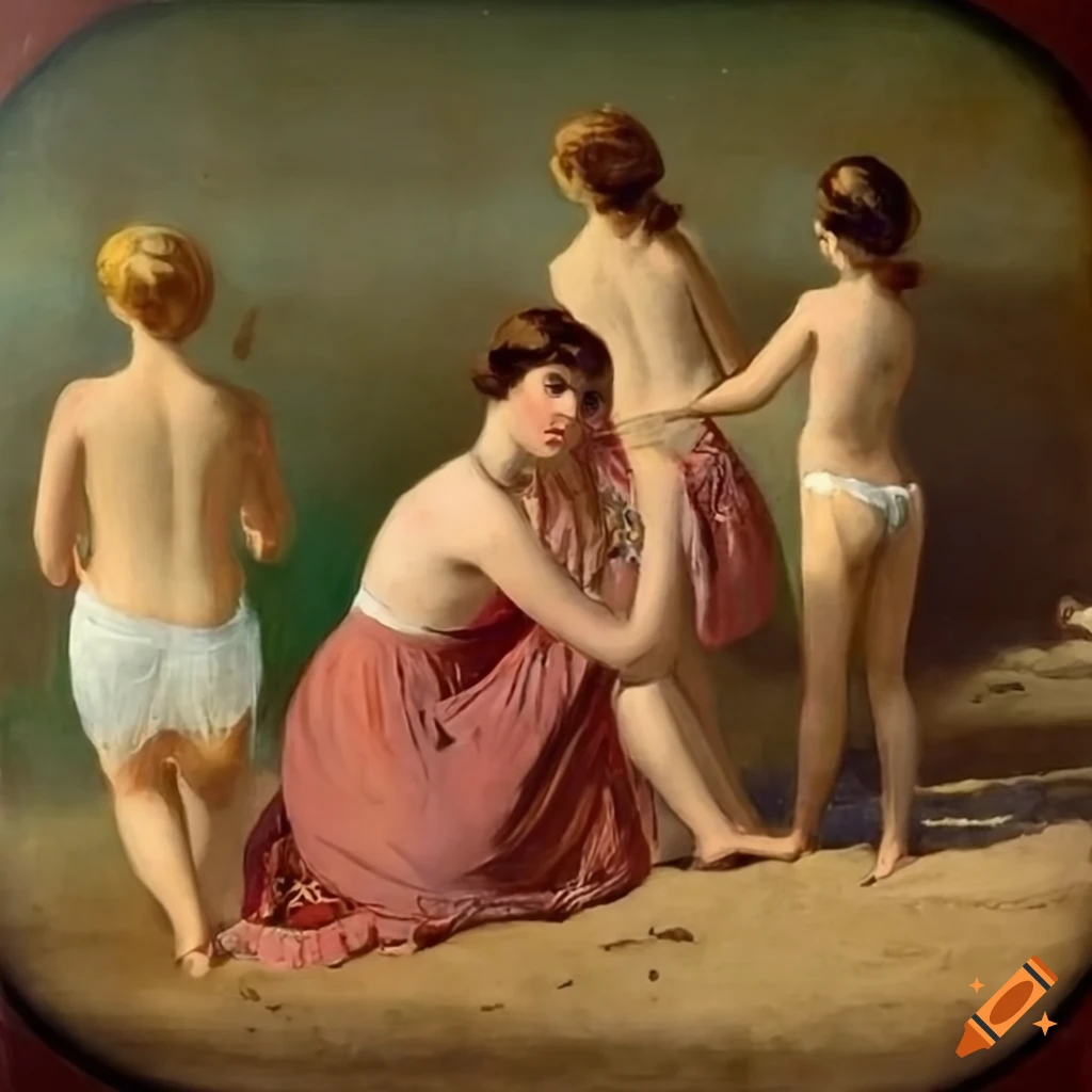 Group of women at the beach in a soft-colored 1800s painting