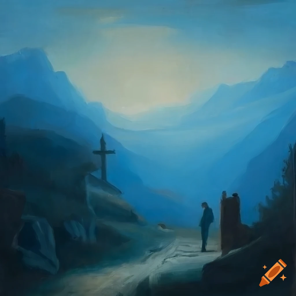 Man praying at a dirt road intersection with mountains in the distance and a crucifix