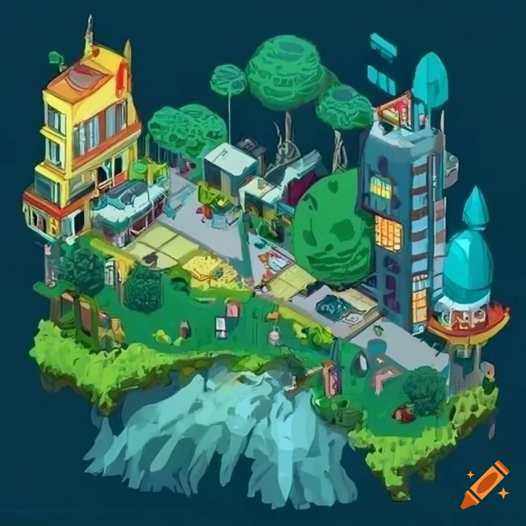 Isometric sci-fi city with vegetation in Studio Ghibli style