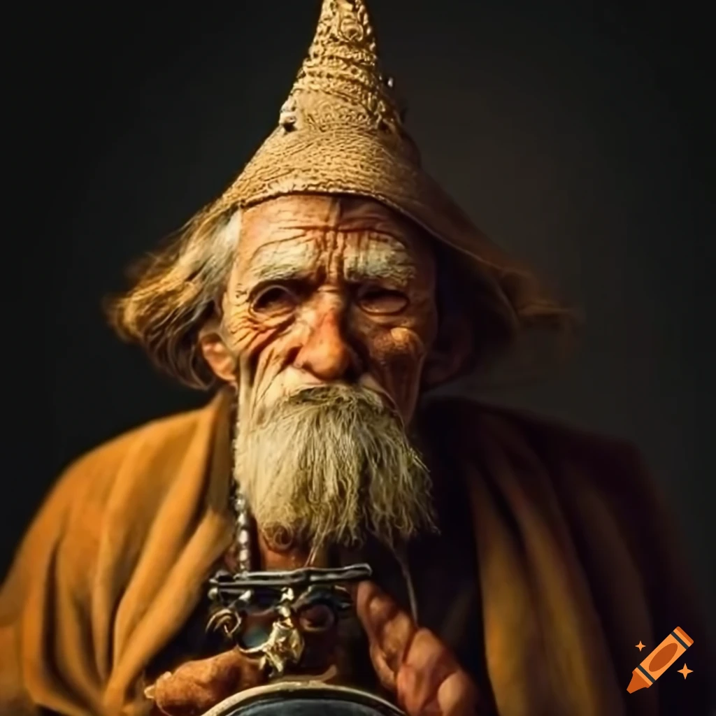 Old beggar with a crown and pocket watches in upturned hat on street