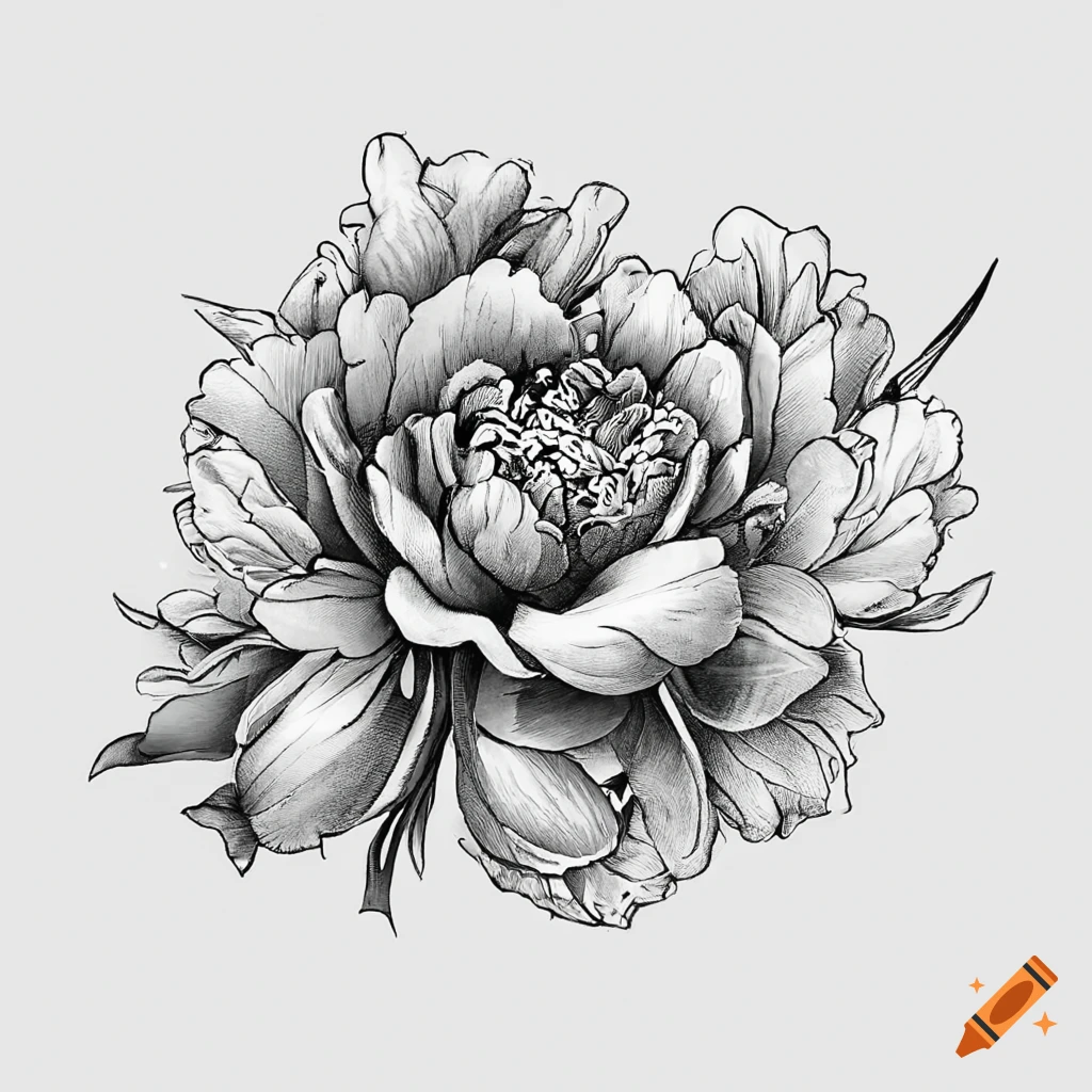Peony tattoo design with two flowers, a bud, stems, and leaves in black and white outline style