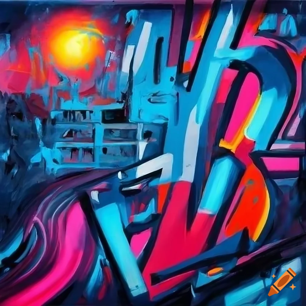 Abstract expressionistic graffiti street art oil painting with ...