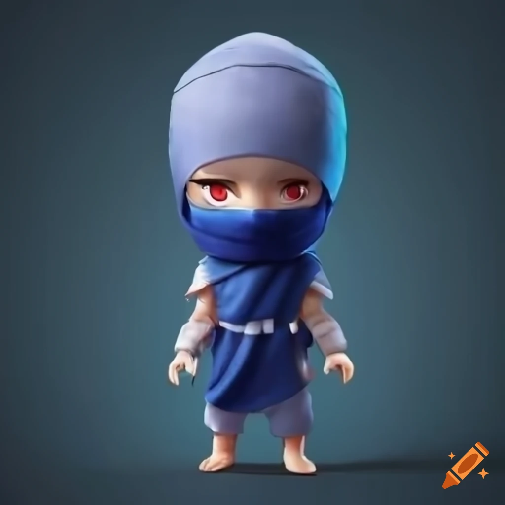 A ninja figurine in blue standing with extended neck, arms, and legs, front view, no shadow, white background