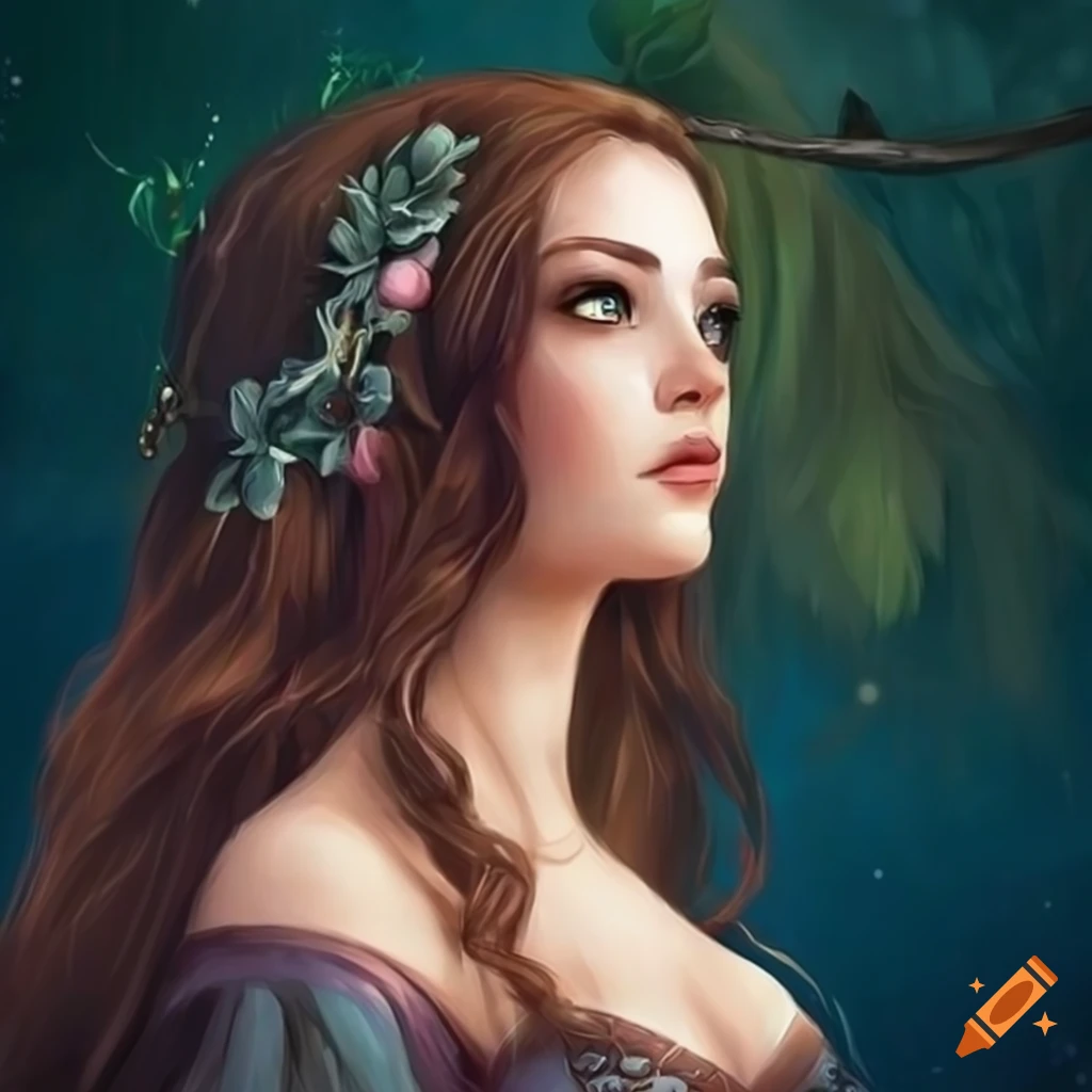 Fairytale illustration of a young woman in a medieval inspired dress on ...