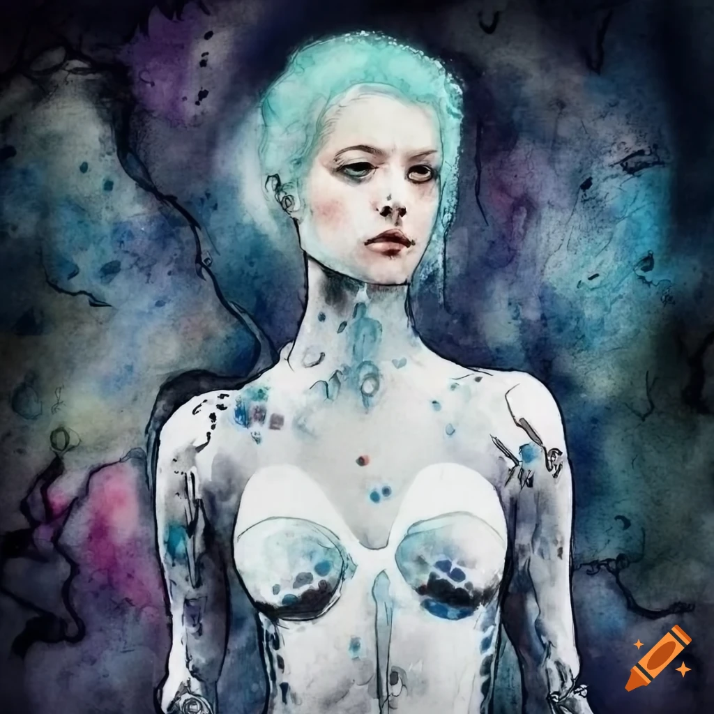 Sophisticated young cyborg with light cyan hair in high-tech bodysuit inspired by Yoshitaka Amano, Japanese style