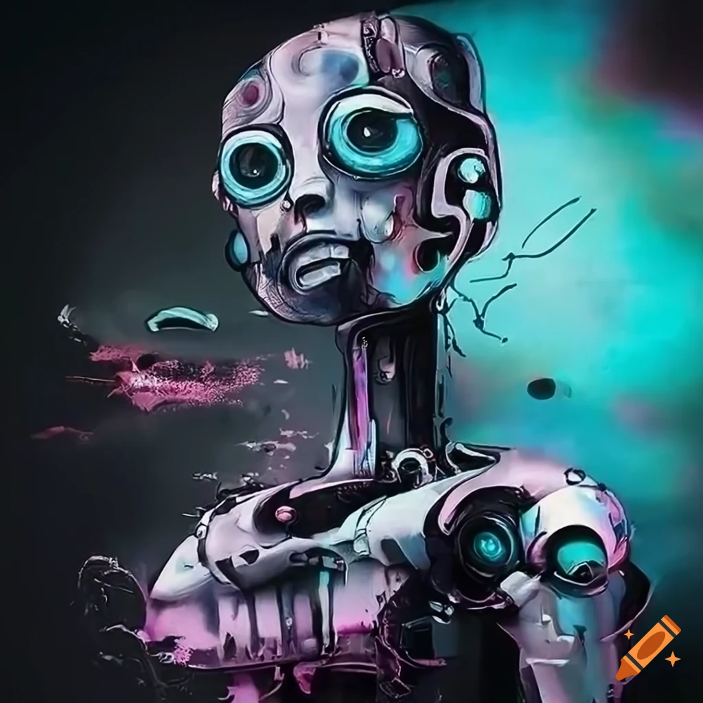 Futuristic robot creating vibrant street art on Craiyon