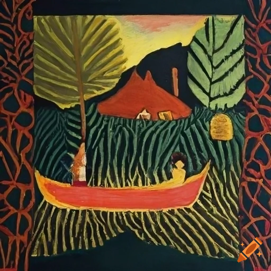 Island with a tiny bed in Henri Rousseau and Paul Klee style painting