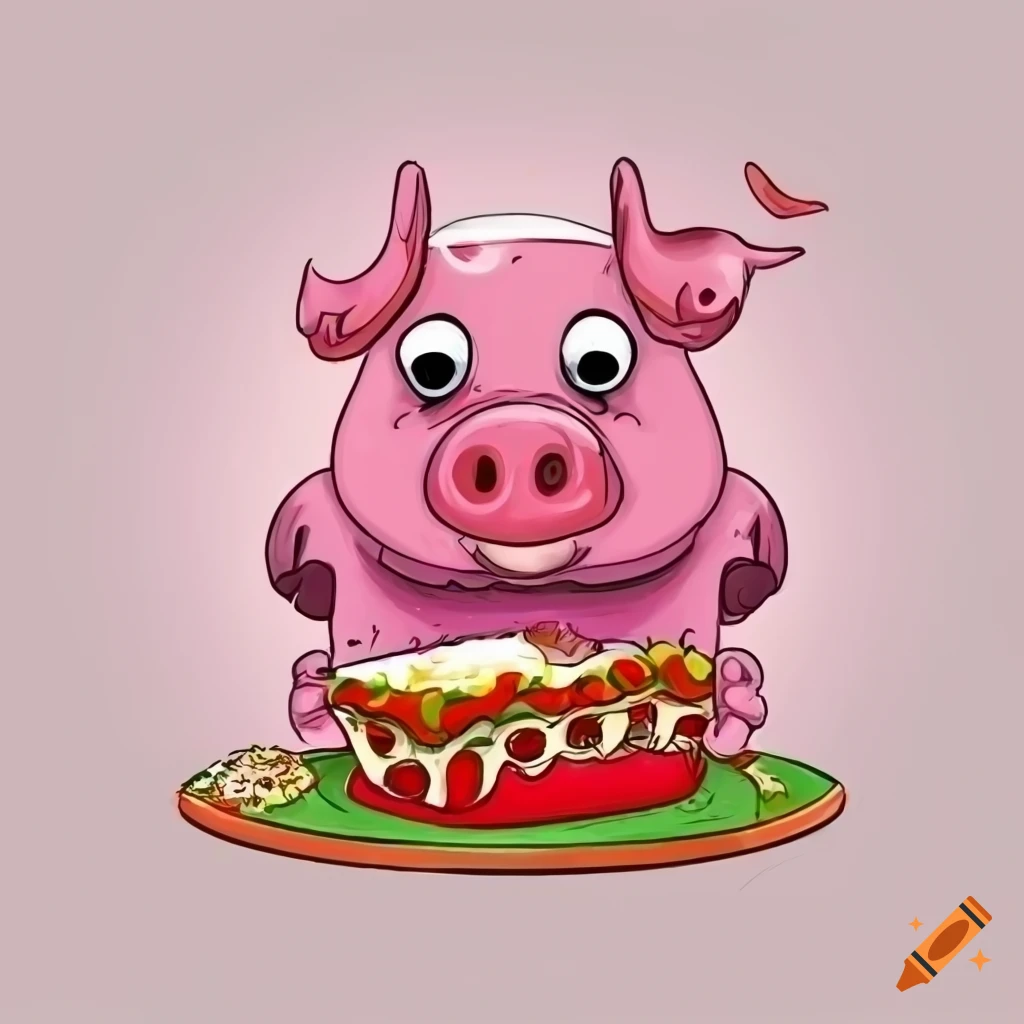 Pink cartoon pig enjoying a lasagna dish in a whimsical artwork