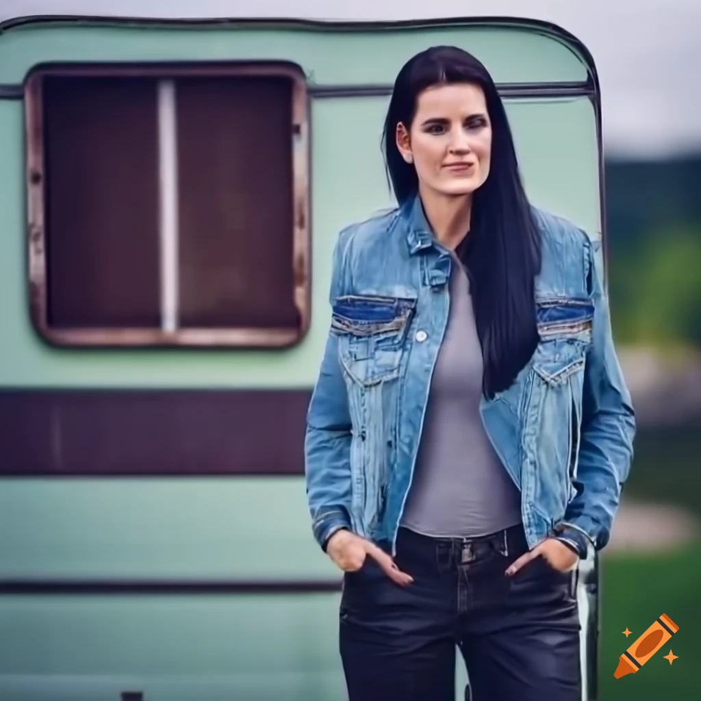 Young woman in outlaw biker style standing in doorway of caravan trailer