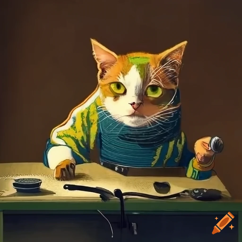 Cat in adidas tracksuit with cigar and vinyl records in van goghstyle