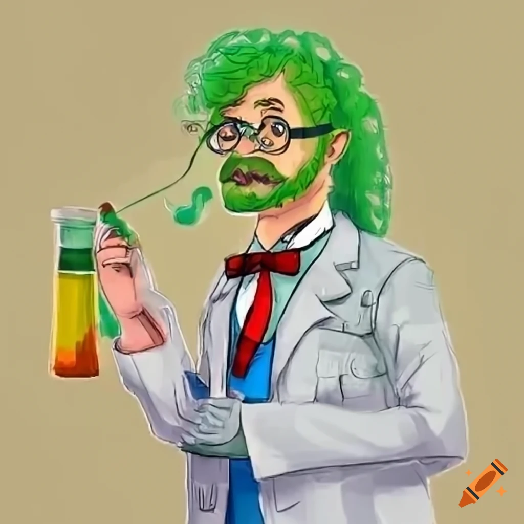 Cartoon scientist Professor Peanutbutter with green hair working in lab with green slime