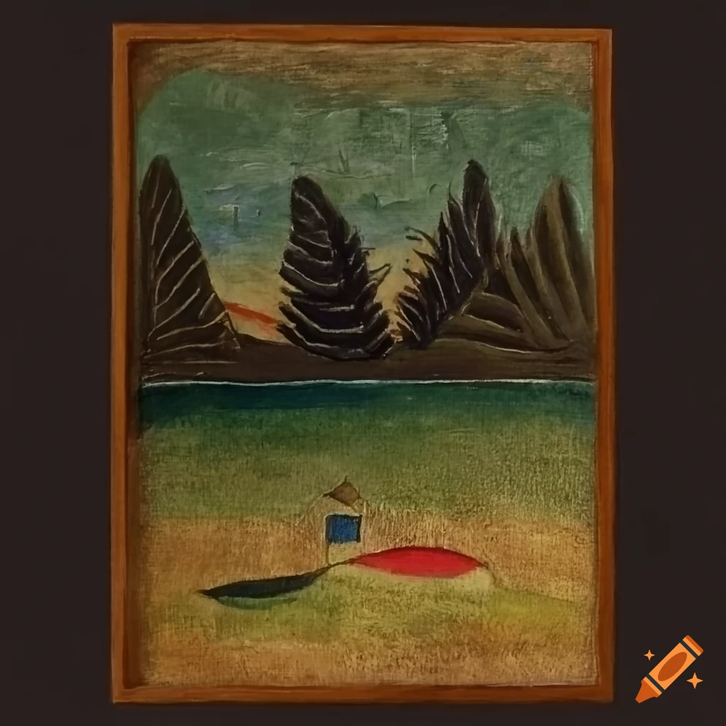 Island with a tiny bed in Henri Rousseau and Paul Klee style painting