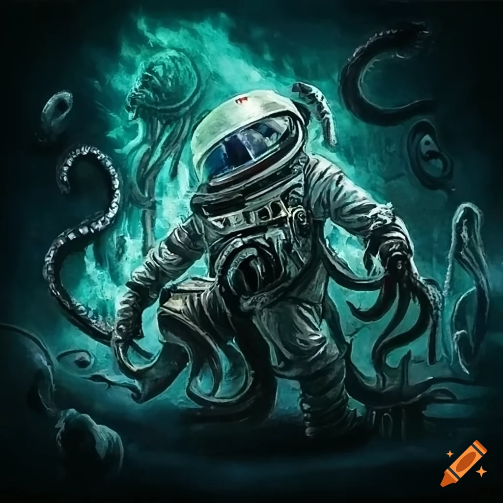 Creepy astronaut monster with slimy tentacles and helmet in Lovecraft style