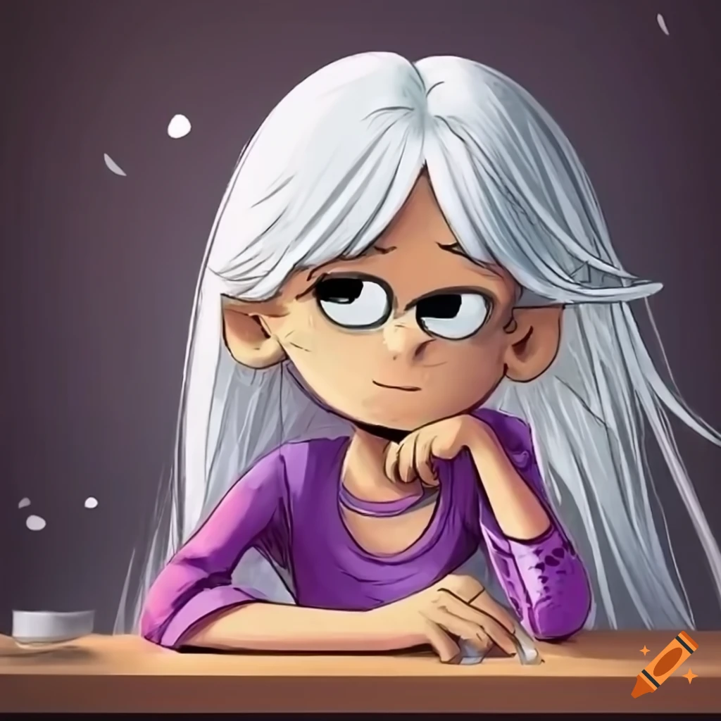 Cartoon character with long white hair leaning on desk