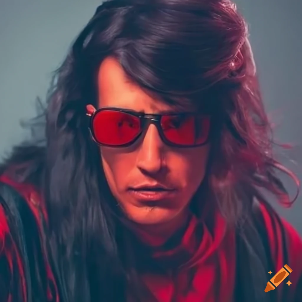 80s style man with black hair and red aviator sunglasses
