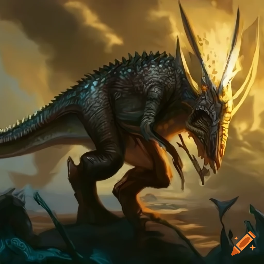 Dinosaur wearing a silver crown in Magic the Gathering artwork